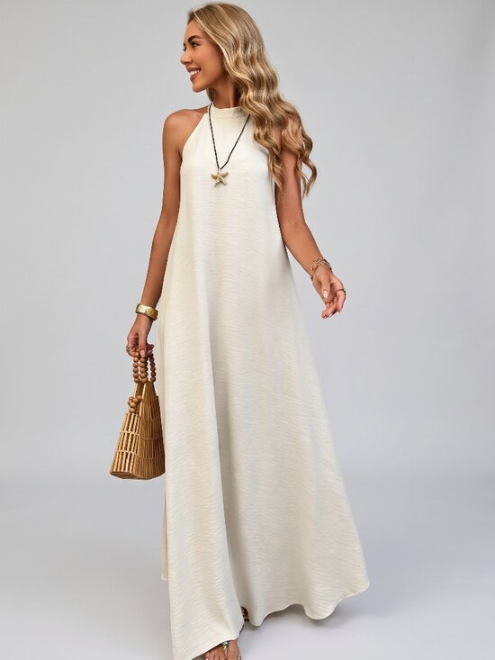 Dresses & Skirts - Women's Cream A-Line Maxi Dress High Neck Sleeveless Boho Beach Vacation Evening